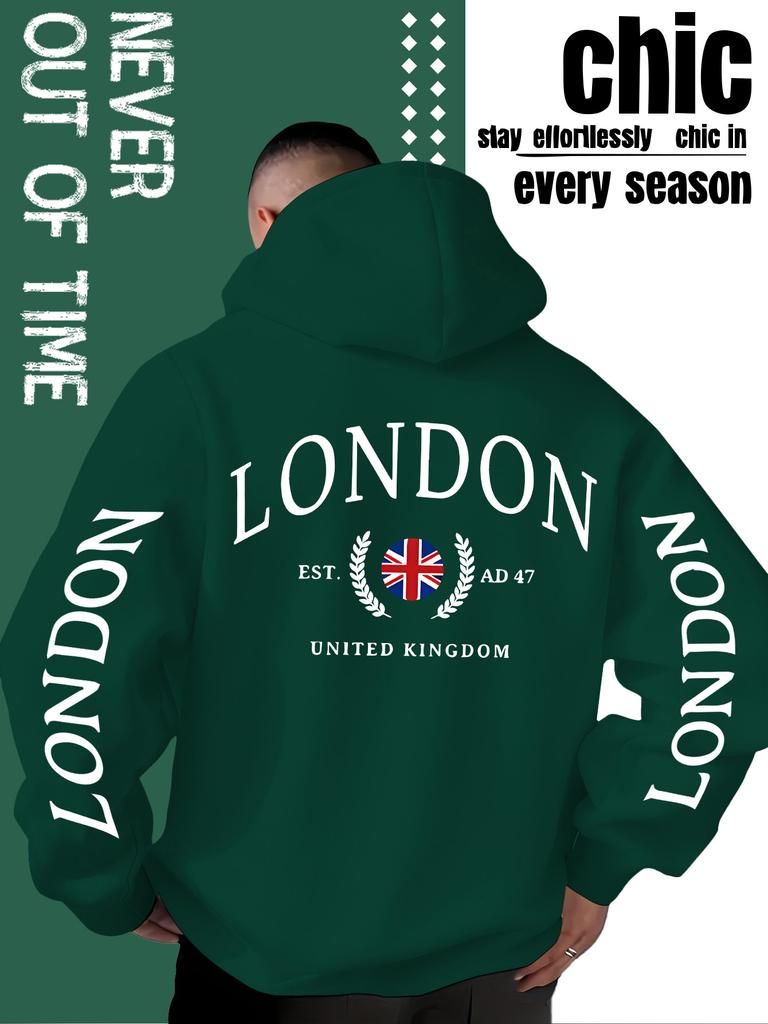 Sweat à capuche décontracté ample pour homme, "Sweatshirt tendance imprimé style britannique Londonien", mode de rue décontractée automne et hiver.
