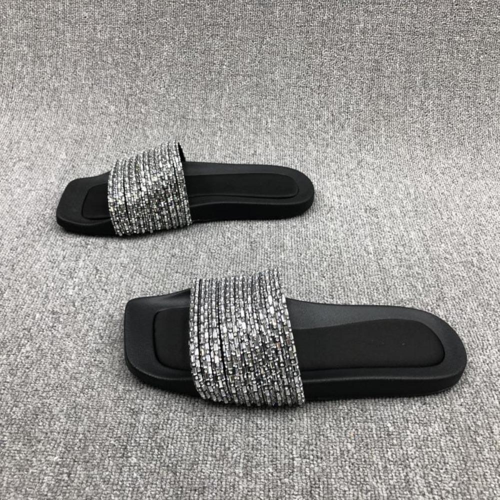 Women Slippers Summer Outside New Women's Shoes Open Toe Flat Bottom Water Diamond Stripe Wearing Minimalist Slippers Women