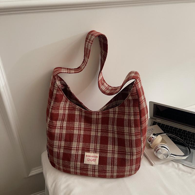 Vintage Plaid Handbag Lightweight Large Capacity Commuter Shoulder Bag