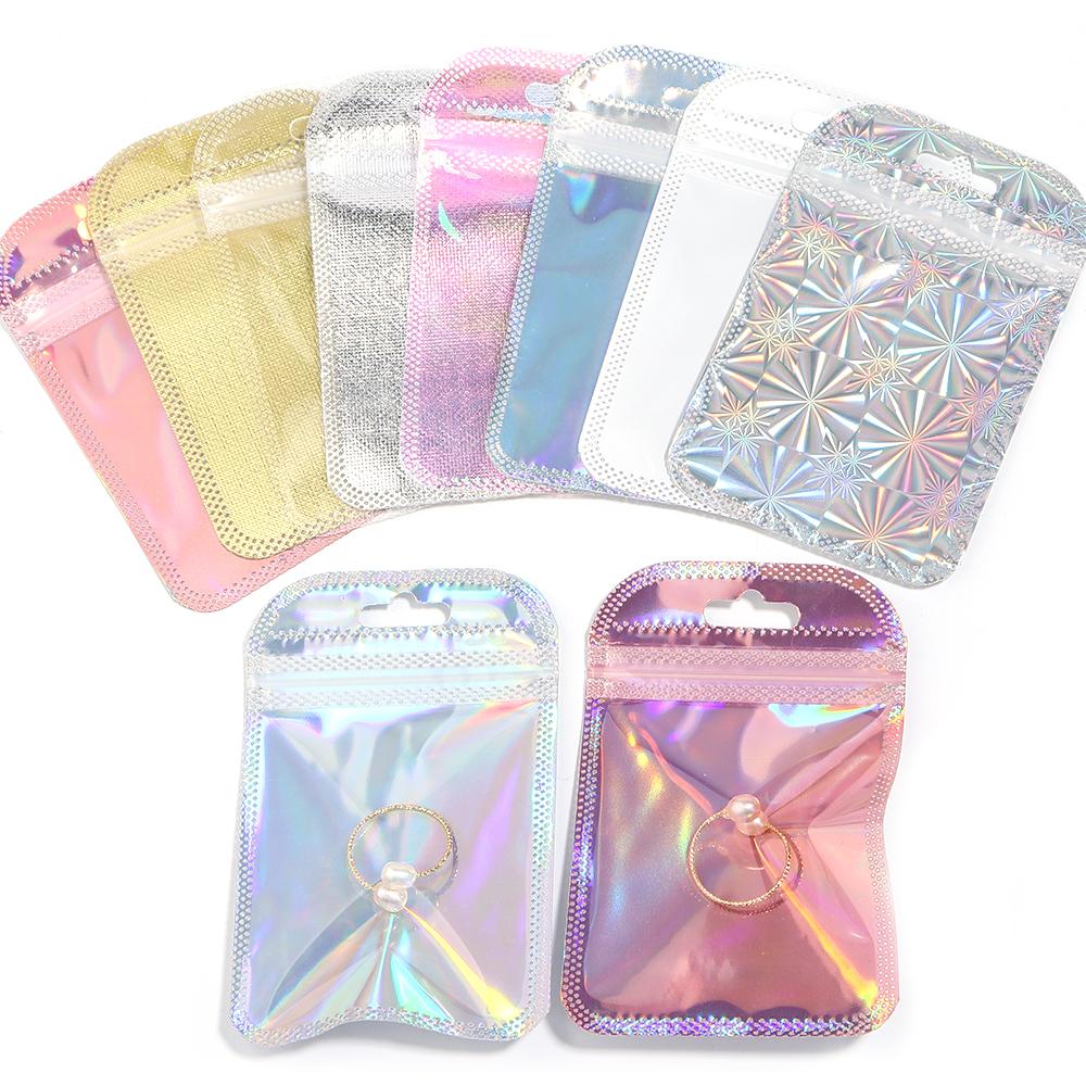 20pcs Iridescent Ziplock Bags Colorful Laser Nail Cosmetic Plastic Package Bag For Jewelry Storage Bracelet Earrings Package Bag