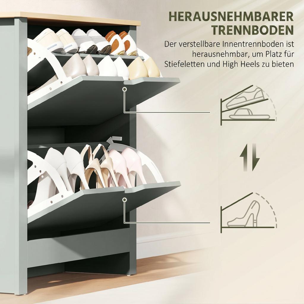 Shoe Cabinet with 2 Flip-Down Compartments, Adjustable Divider for 8-12 Pairs of Shoes, 72 X 26 X 80 Cm, Light Grey