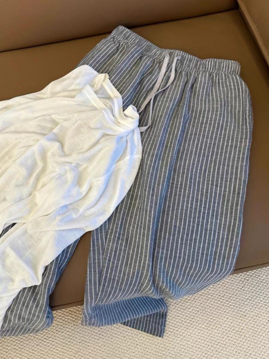 Women s Japanese Striped Cotton-Linen Wide-Leg Pants, Petite, Summer Loose Casual Style Small