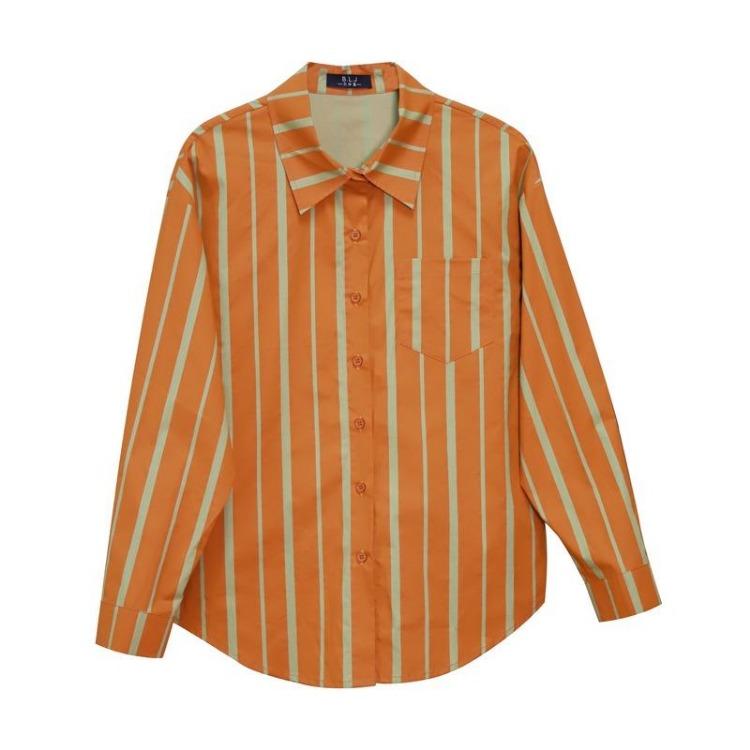 Vintage Orange Striped Blouse for Women Long Sleeve Lapel Pocket Shirt Spring Clothing Versatile Ladies Top S оранжевый