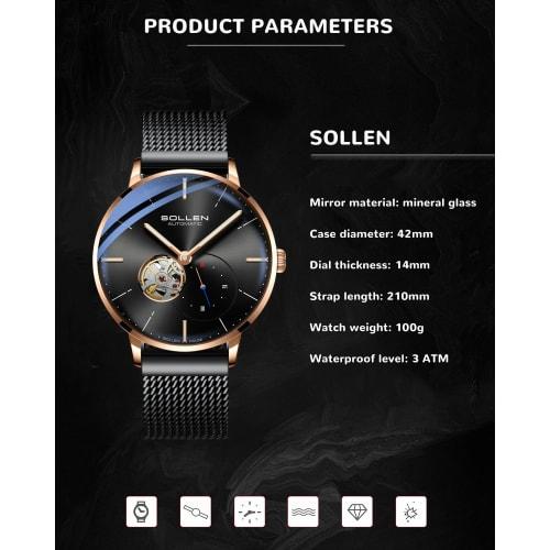 SOLLEN Men's Skeleton Automatic Watch - Original Mechanical Movement, Mineral Glass, 30m Water Resistance, Seconds Subdial & Luminous Hands, Minimalis