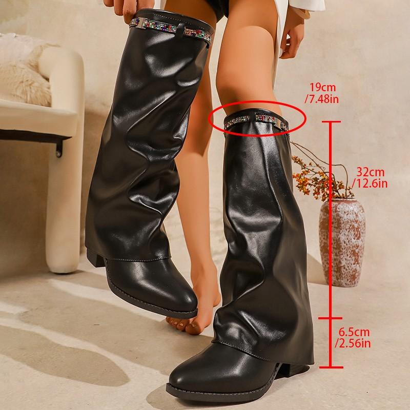 Long Boots Autumn New Sleeve Rhinestone Metal Buckle Soft Sole Non-Slip Trouser Bottom Block Heel Shoes