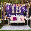 2D Happy 18th Birthday Backdrop, Purple Balloon, Diamond & String Light Party Background Cloth