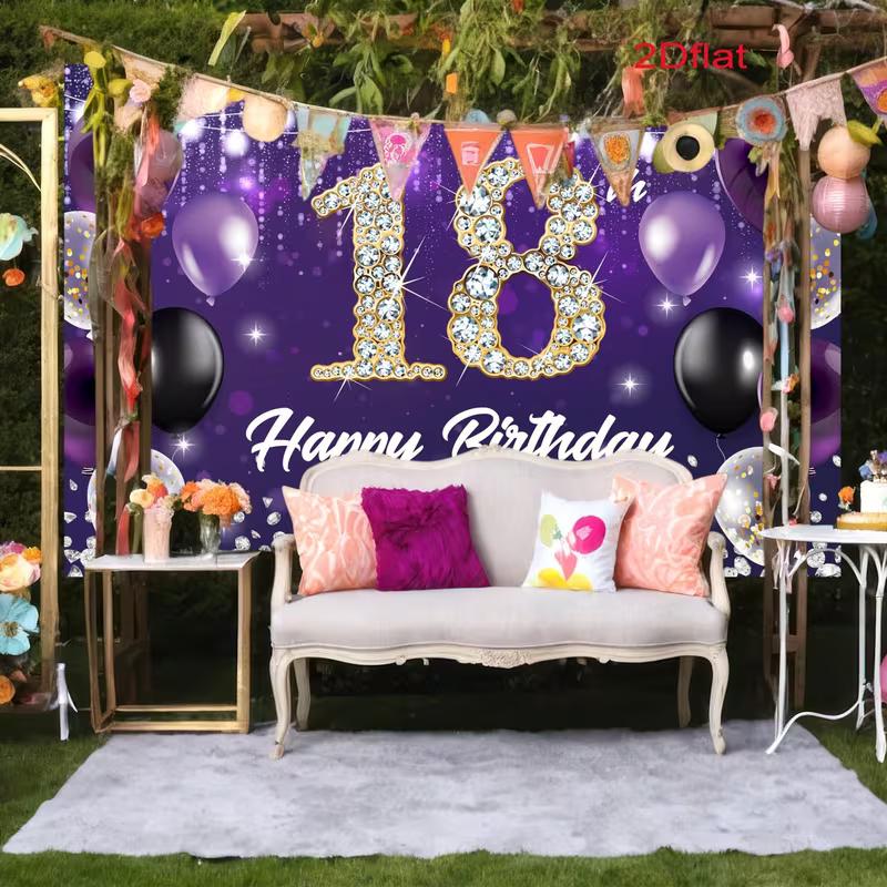 2D Happy 18th Birthday Backdrop, Purple Balloon, Diamond & String Light Party Background Cloth