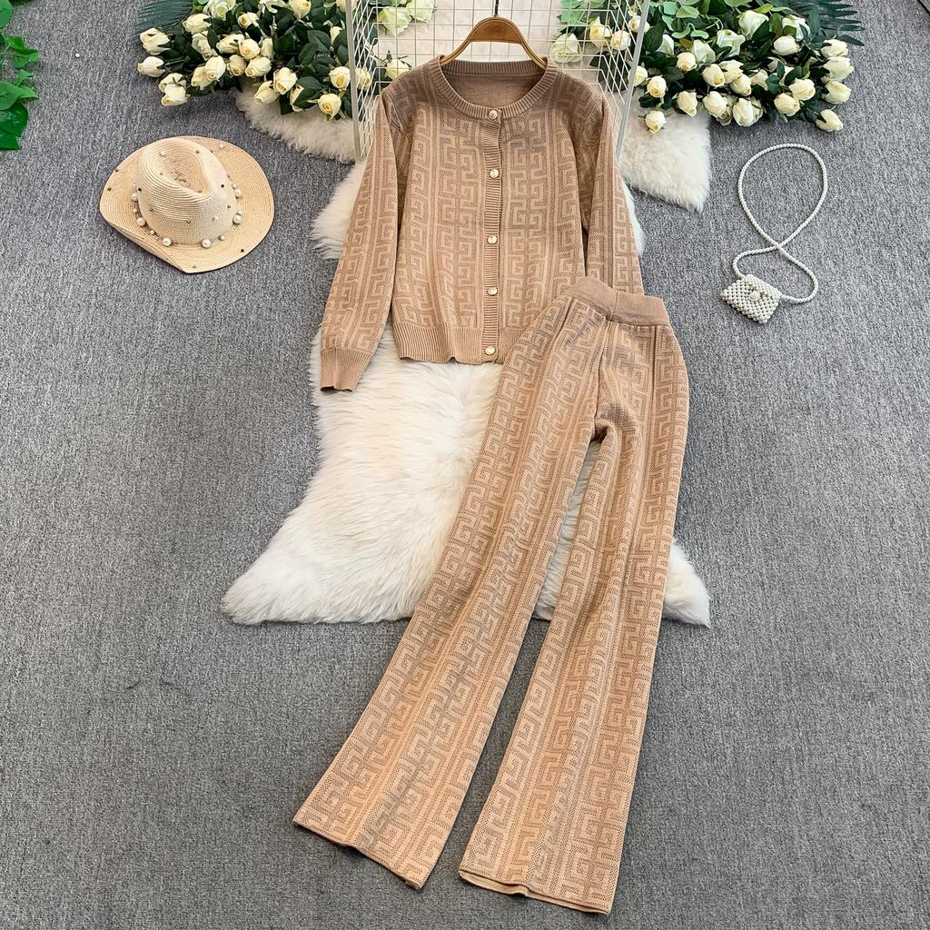 Jesień Zima Damski Designerski Wzorzysty Dzianinowy Sweter Spodnie Dwuczęściowy Zestaw Długi Rękaw Jednorzędowa Kurtka Top i Spodnie z Elastycznym Pasem Dres