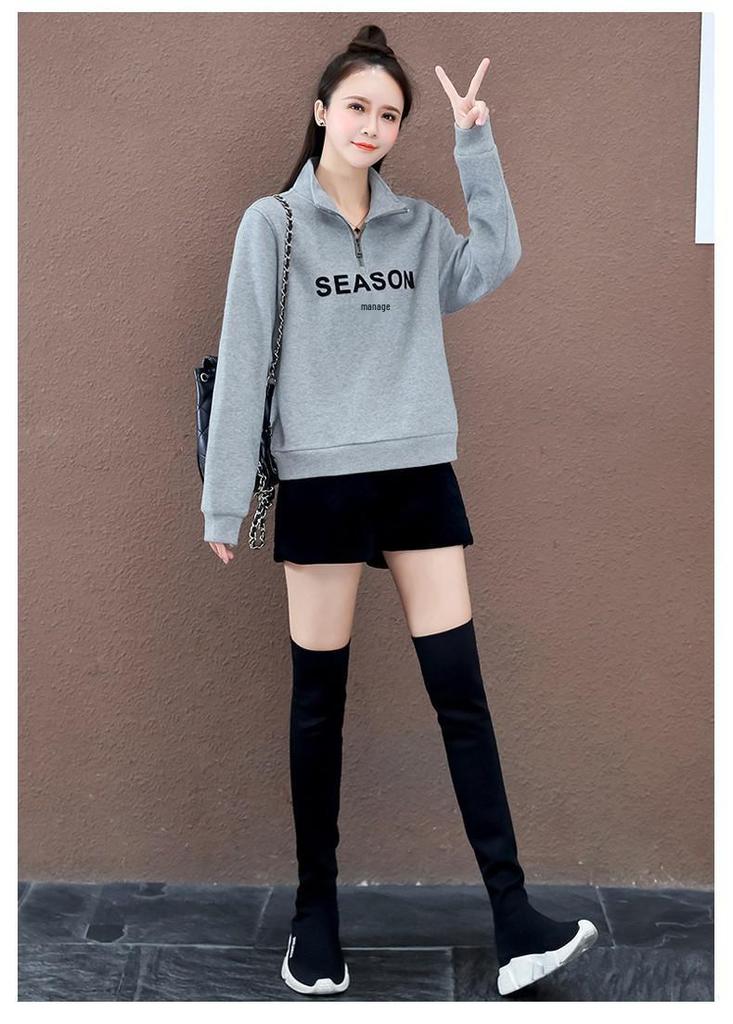 Women's Fleece-Lined Half-Zip Letter Print Sweatshirt - Winter Style, Petite Loose Fit