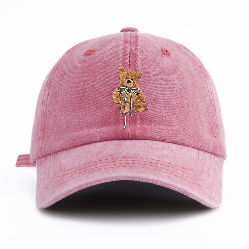1pc Bow Bear Print Washed Baseball Cap for Adults  Minimalist Retro Style Casual Soft Adjustable Dad Hat Perfect As Gift