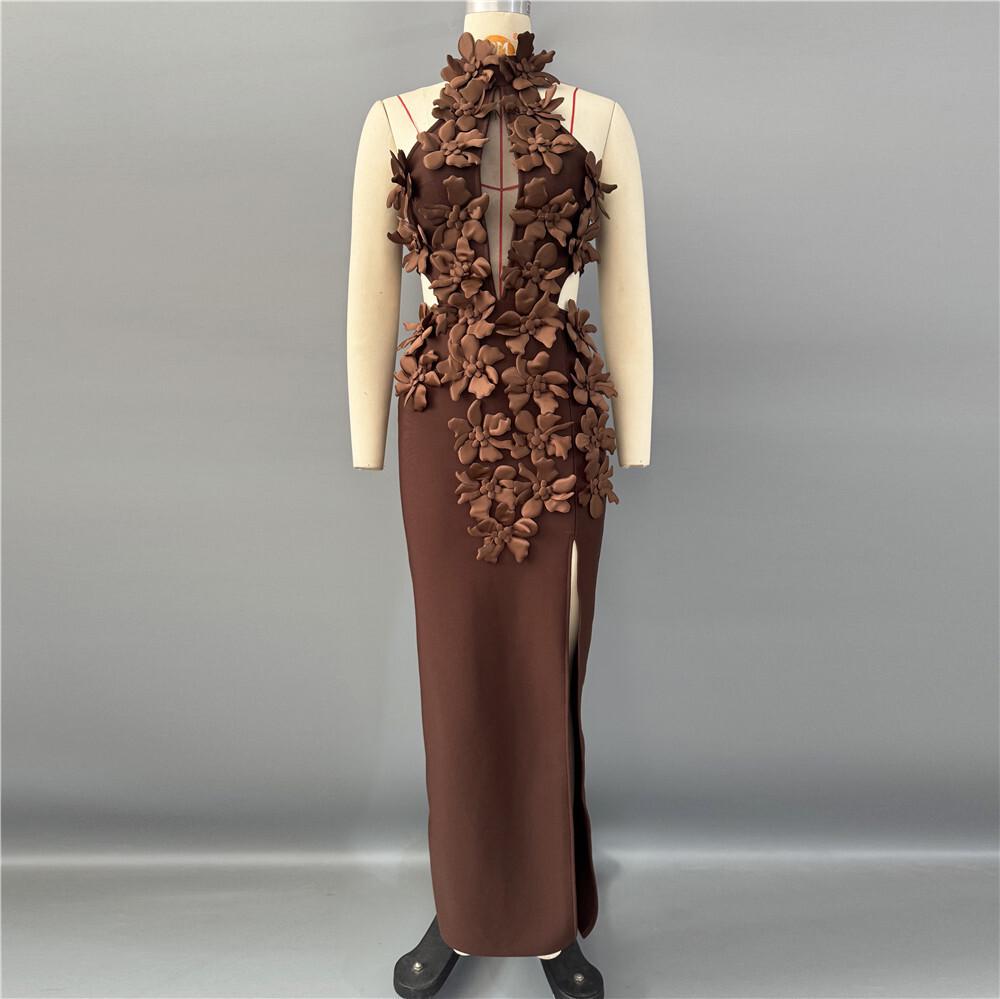 Elegant 2026 European & American Flower Bandage Evening Gown for Women M коричневый