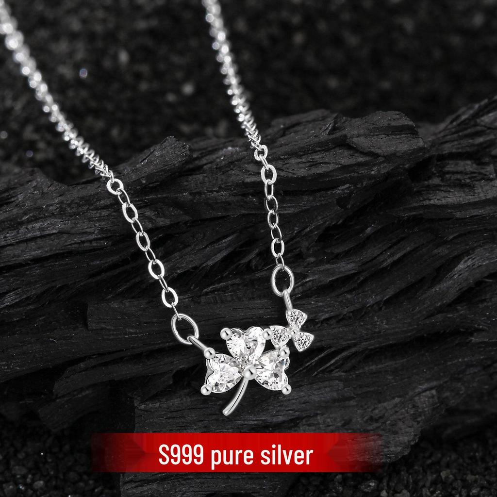 S999 Sterling Silver Minimalist Clover Necklace: Women's Luxurious, High-Design, Super Shiny Clavicle Chain Choker.