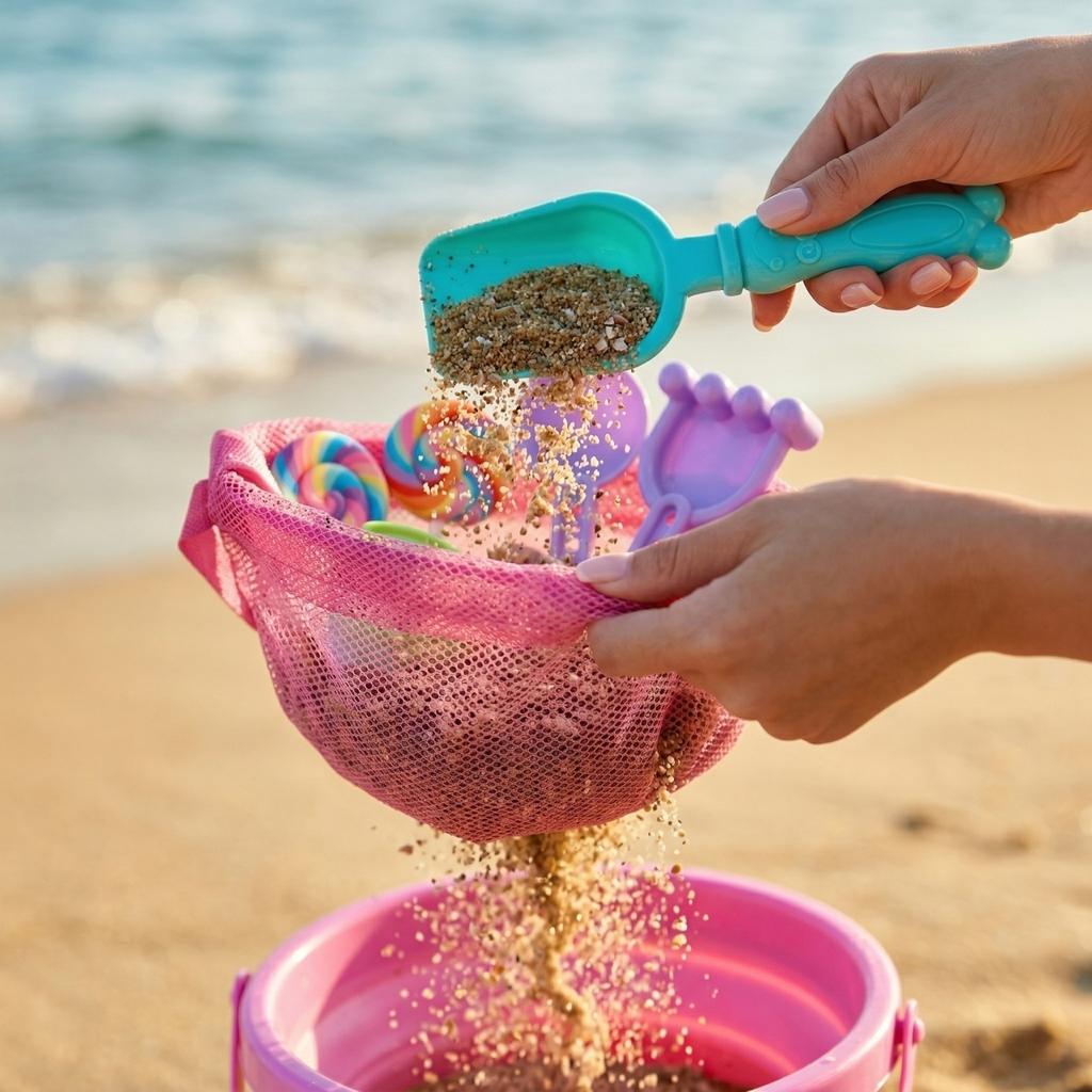 Foldable Beach Toy Set, Including Foldable Sand Bucket, Shovel, Net Bag And Sand Mold, Ice Cream-shaped Travel Beach Toy.16pcs