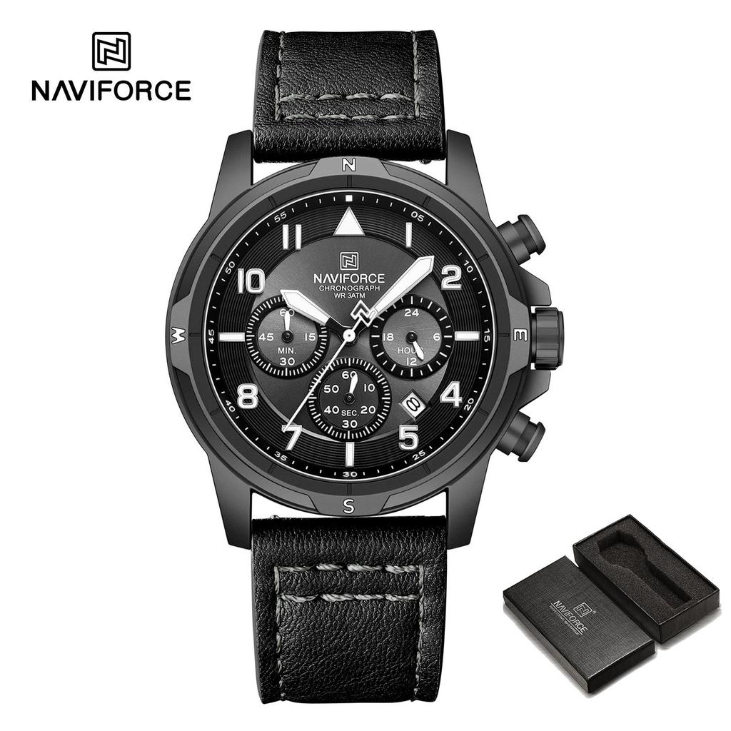 NAVIFORCE Original Men Quartz Watch Chronograph Mini Dial Calendar Date Leather Strap Luminous Hands 30m Waterproof Men Watch Gift NF8077