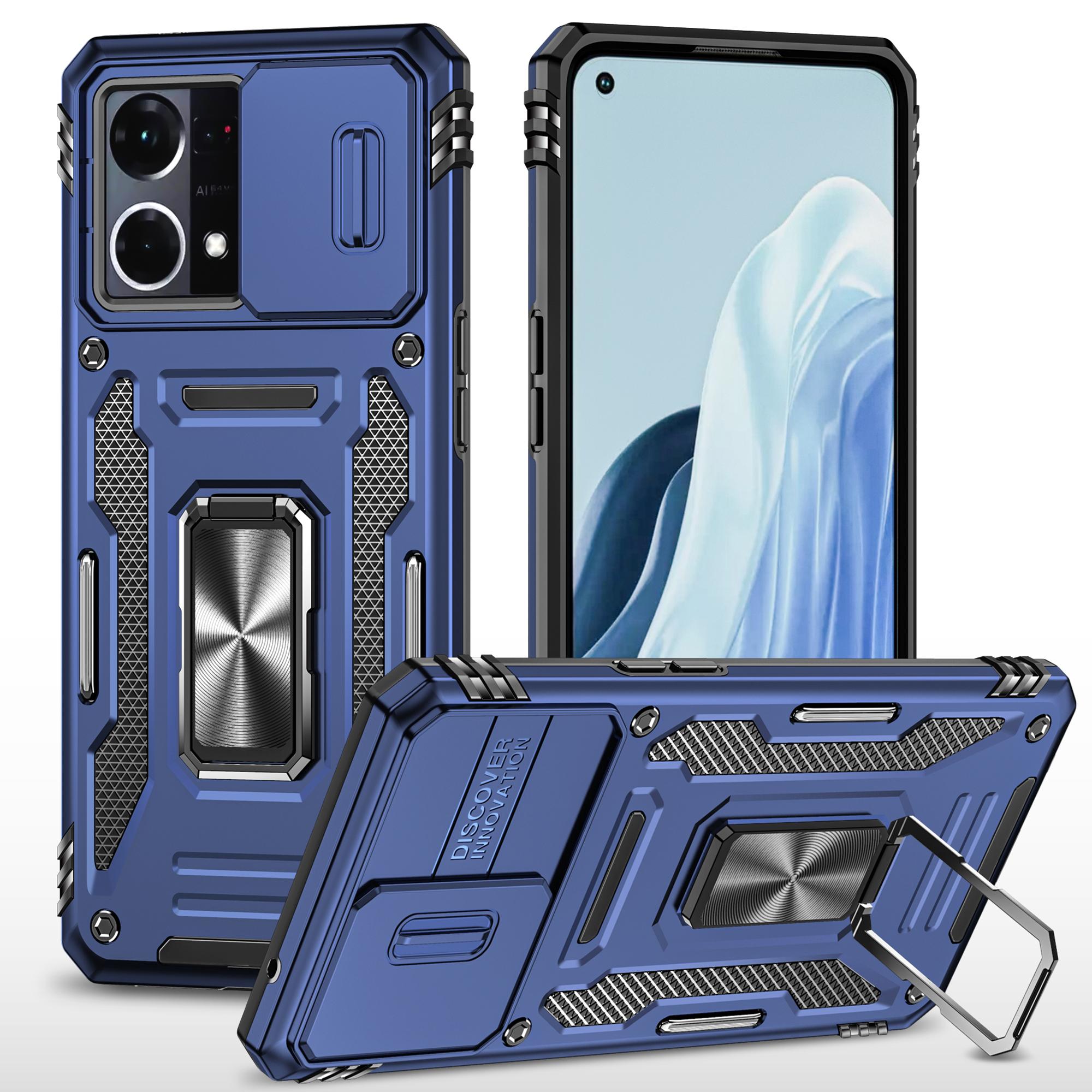 

For Oppo Reno7 4G Armor Series Drop-proof PC+TPU Cover Kickstand Phone Case with Slide Lens Lid Navy Blue