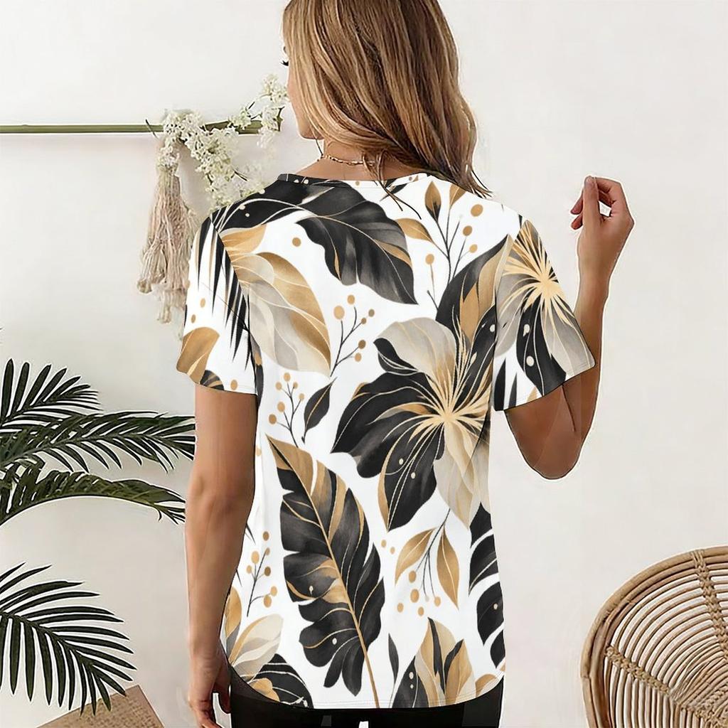 Women Plus Size U Neck Short Sleeve Tropical Floral Leaf Printed T Shirt Curved Hem Casual Tops