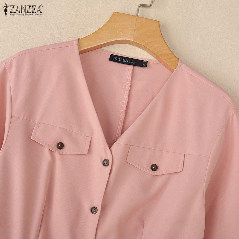 ZANZEA Women Casual V-Neck Solid Color Short Sleeve Dress