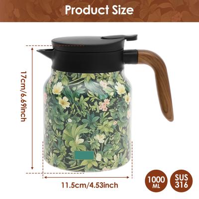 1L Thermos-Teekanne mit Griff und eingebautem Sieb Edelstahl Isolierter Teekessel Blumenmuster Isolierte Siebkannen