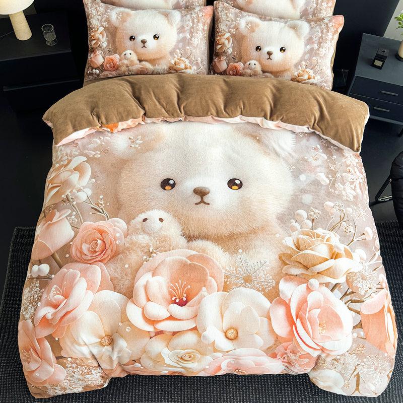 Milk Fleece Four-Piece Set, Large Version Digital Printing Cute Cartoon Single Double Quilt Cover, Bed Hat Three-Piece Set