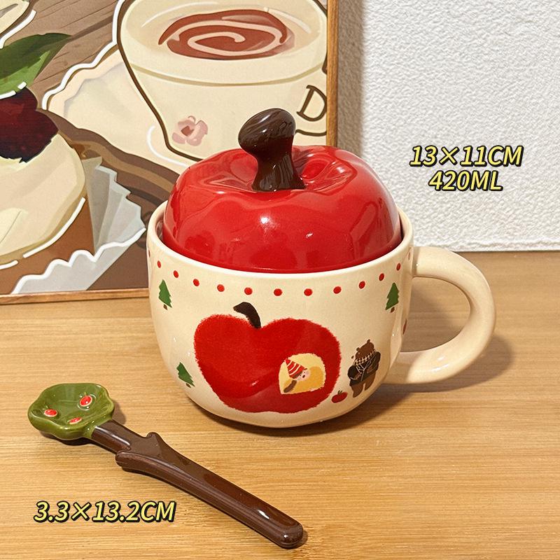 Apple Ceramic Mug with Lid & Spoon - Cute Office & Breakfast Cup, Perfect Birthday Gift for Women