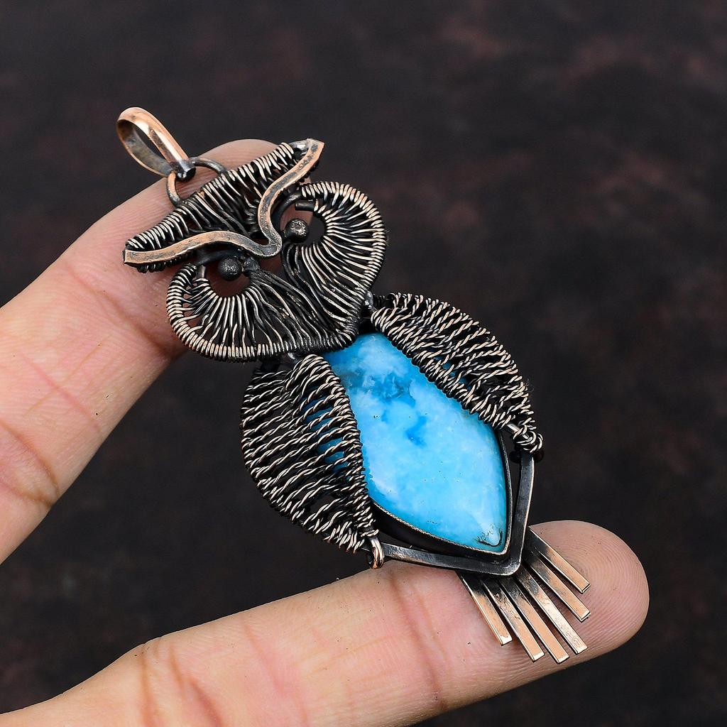 Smithsonite Pendant Copper Wire Wrapped Pendant Gemstone Pendant Very Pretty Copper Jewelry Handmade Owl Pendant Wire Wrap Jewelry For Gifts