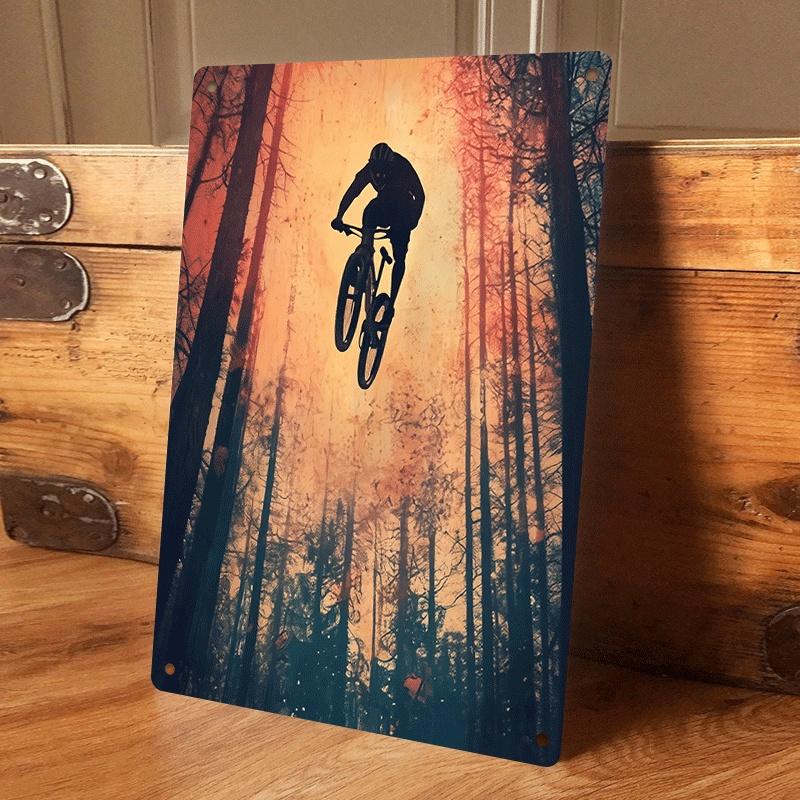

1 piece of tinplate painting depicting a mountain biker leaping through the air, featuring a forest background and a sports them (as the picture,20x30cm)