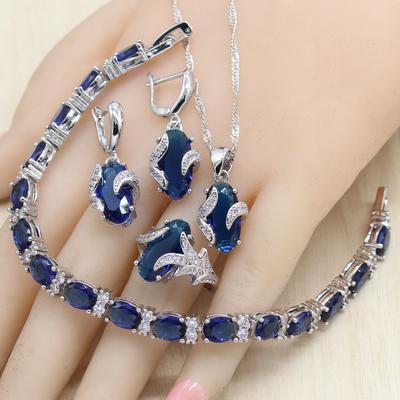 Set di Gioielli da Donna Ovali Blu Reale Semipreziosi Con Bracciale Collana Ciondolo Orecchini Anello Regalo di Compleanno