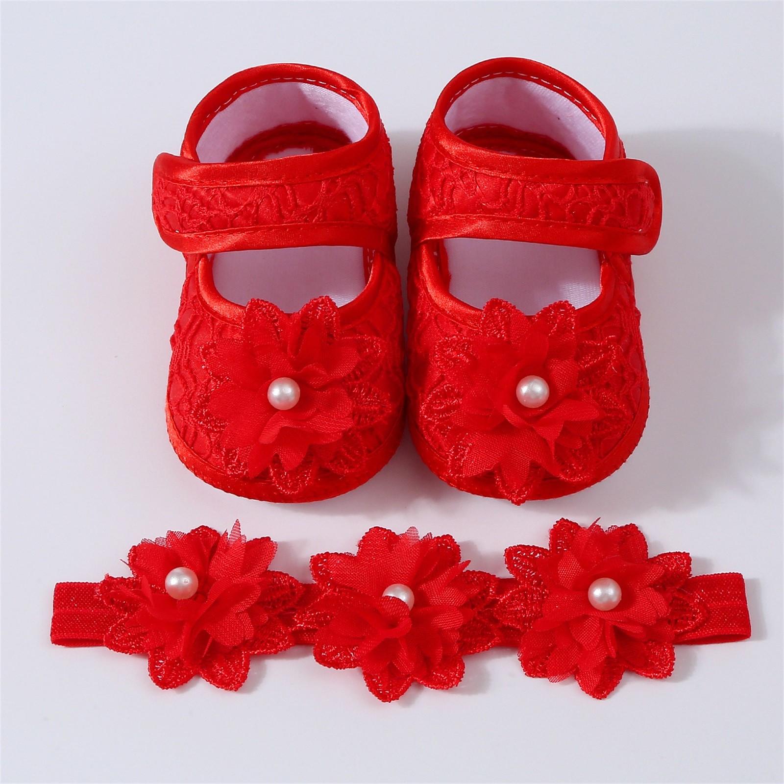 

Детские туфли с цветочным жемчужным бантом на клею + набор с резинкой для волос S красный