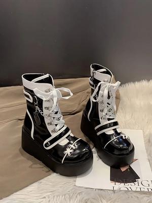 Dicke Sohle Erhöhung Subkultur Hundert Punk Biker Dicke Sohle Mid-Calf Stiefel weiblich süß würziges Mädchen Bikerstiefel