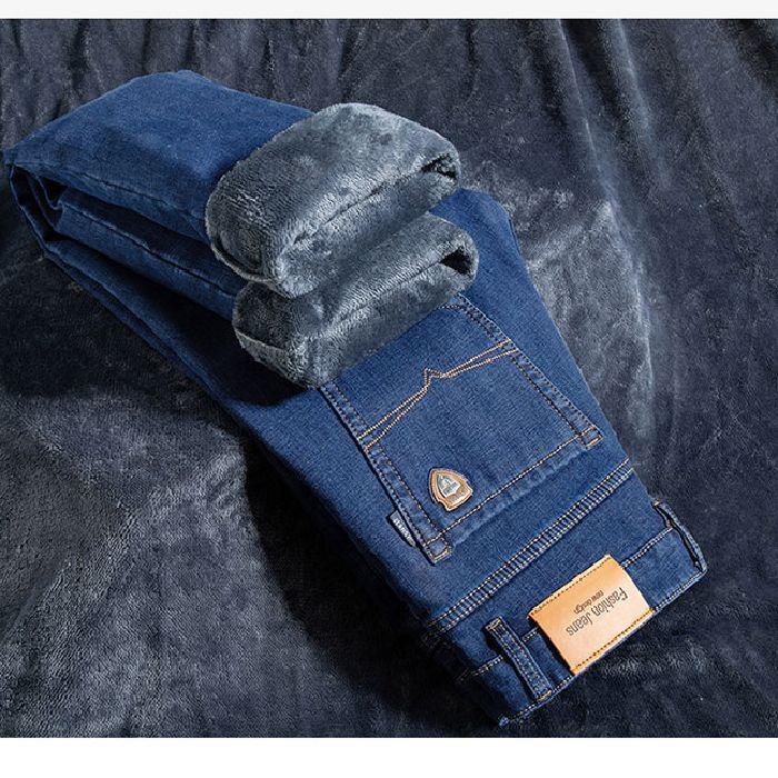 Fleece thickened high-end blue denim autumn and winter straight loose large size medium and winter warm pants