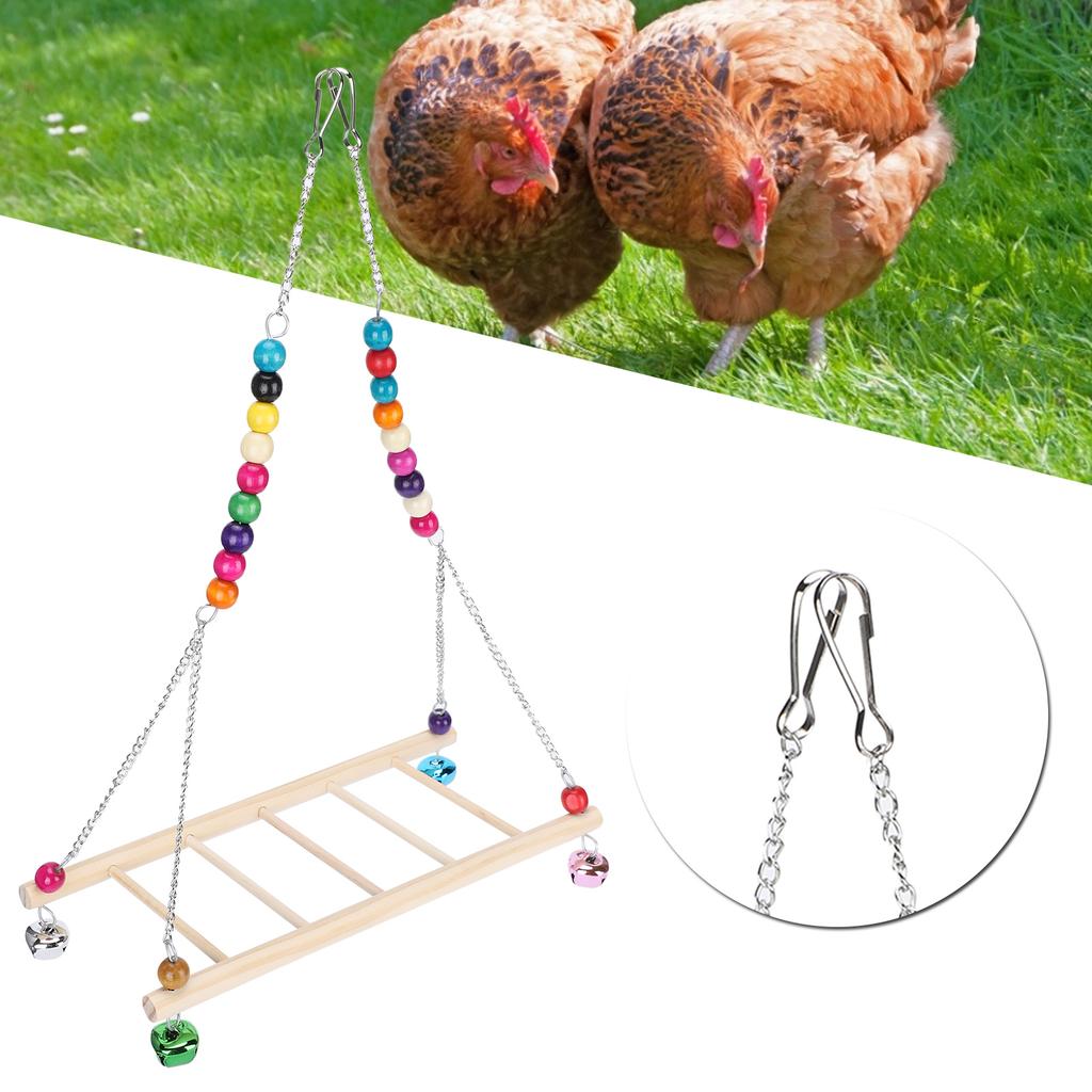 Bird Natural Wooden Chicken Swing Ladder Stand Toys Colourful Beads Chewing Biting Playing