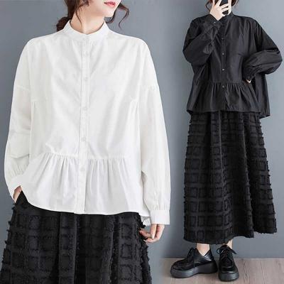 Plus Size Women Blouse Oversized Long Sleeve Casual Top Loose Button Shirt Solid Black Spring Summer Tops