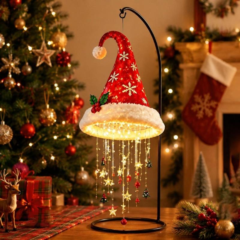 Santa Hat Chandelier Red-White Christmas Hanging Decoration, Tiered Santa Hat Figure Set for Holiday Parties and Indoor Home Displays