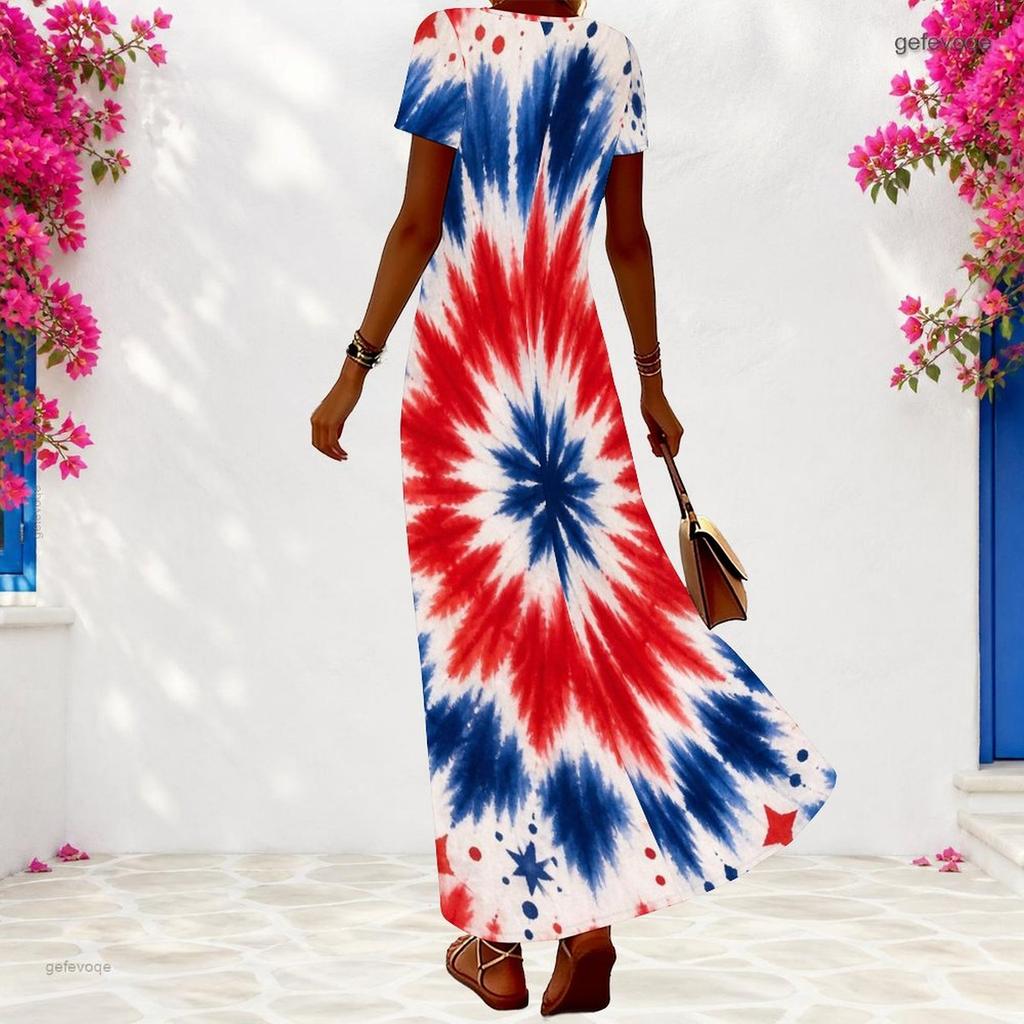 Women Plus Size V Neck Short Sleeve Navy Blue Printed Long Dress