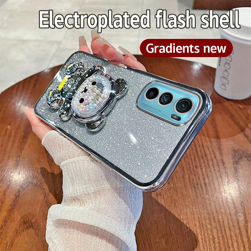 

Блестящий чехол для телефона с карамельным мишкой и подставкой для Motorola Moto Edge 40 30 20 E20 E13 E22 E32 E6S E6i E22i E7 Plus G8 G9 Power Plus Moto Edge 20 серебряный