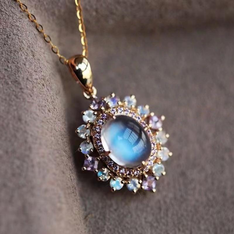 Radiant Colorful Moonlight Stone Necklace For Women  Inlaid Pink Blue Crystal Pendant New In Light Luxury Elegant Jewelry