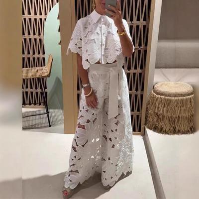 Women Spring Elegant Lapel Half-sleeved Crop Top + Wide-leg Pants Sexy Hollow 2-piece Set