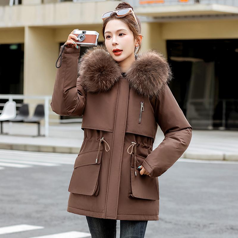 European station big fur collar down cotton clothes women's winter waist thin thickened color matching tooling pie overcome coat