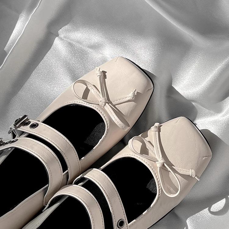 Fashion double buckle belt women flats square toe bowtie mary janes shoes cute lolita shoes soft bottom loafers woman brogues flats