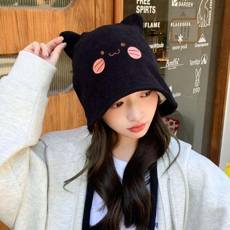 Autumn and Winter Confinement Hat Japanese Style Cute Cat Ears Baotou Hat Korean Style Face-showing Small Warm Ear Protection Knitted Hat