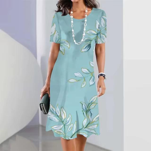 Women Round Neck Short Sleeve 3d Print T-shirt Dress Midi Length Summer Beach Wear