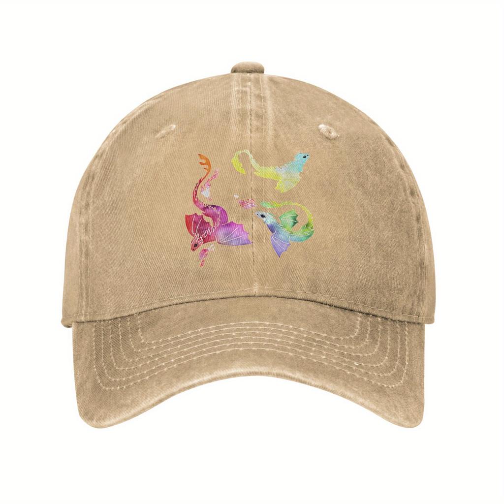 Watercolor Dragon Print Baseball Cap Distressed Denim Casual Adjustable Golf Hat Adult