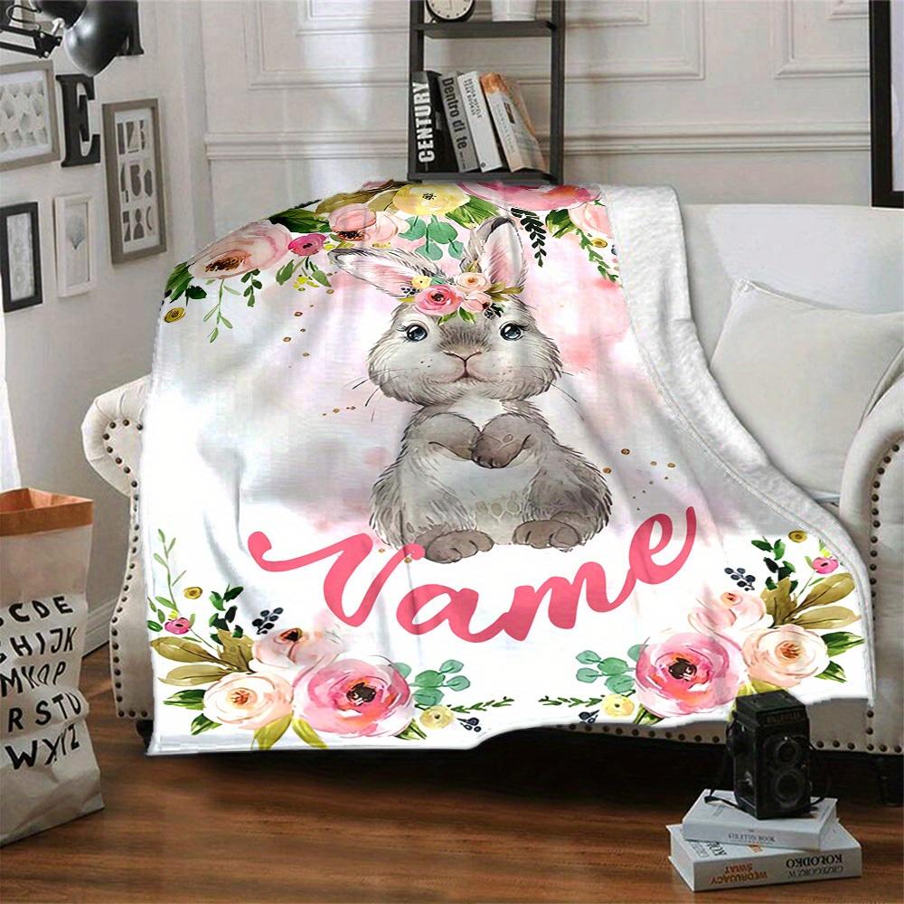 Bunny With Flowers Home Customize Your Name Blankets Comfortable Soft Lightweight Allseason Multipurpose Blanket For Picnics Sofas Offices Beds Living