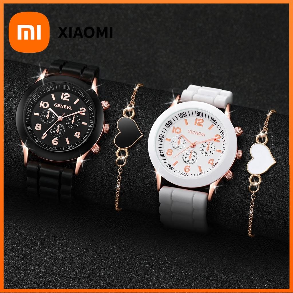 Xiaomi 2PCS/Set Geneva Women Watch Fashion Silicone Band Quartz Wrist Watch Heart Bracelet Set