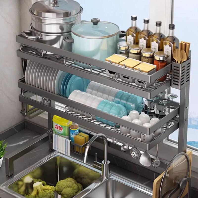 Beifu 95cm Double-Layer Gunmetal Carbon Steel Sink Dish Drying Rack