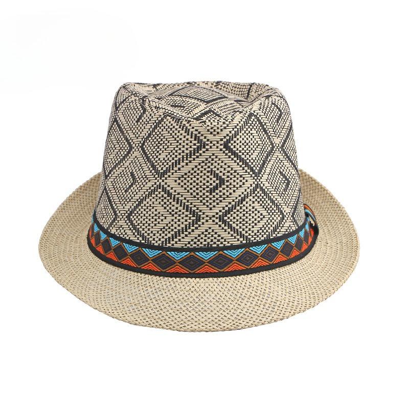 British Retro Straw Fedora Hat for Men Women Summer Sun Protection Jazz Hat Geometric Woven Beach Cap Fashion Ethnic Trilby Hat