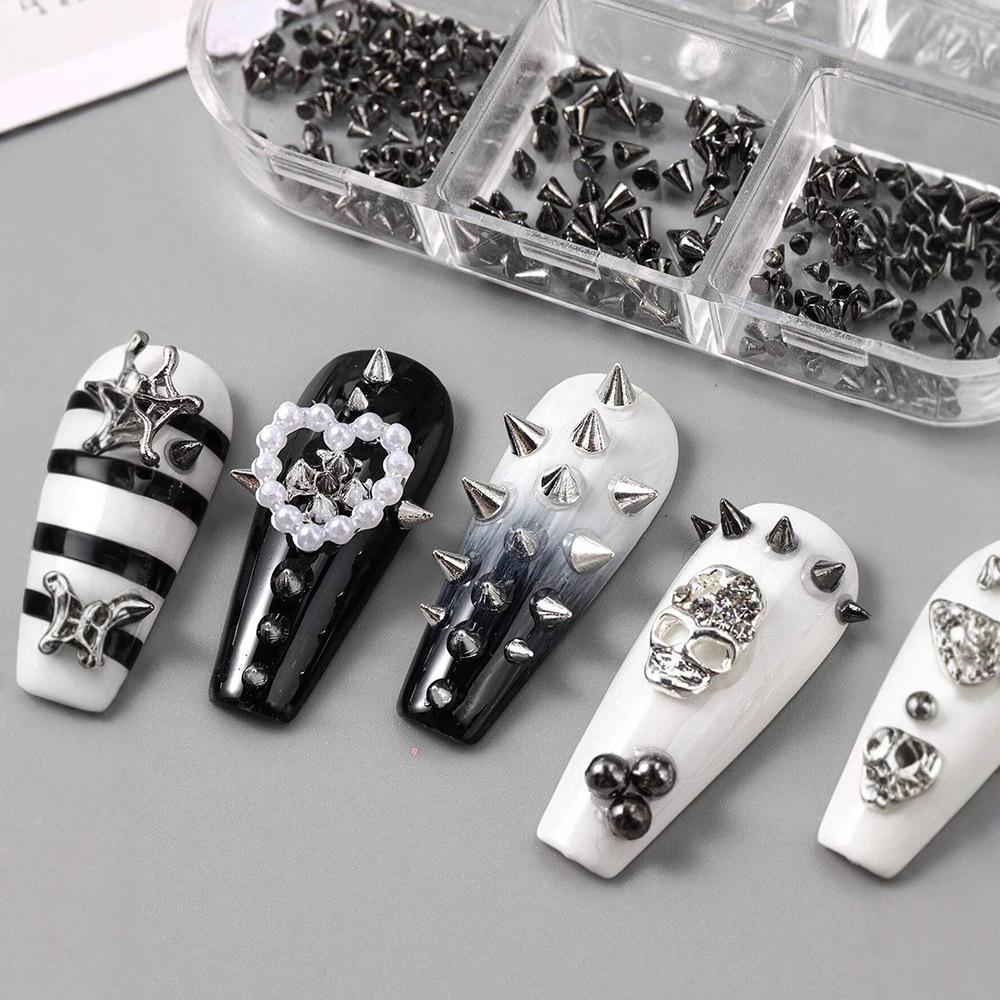6-grids Y2K Punk Metal Rivet Cone Nail Decorations 3D Stylish Silver/Black Alloy Spike Nails Decoration DIY Mix Sized Easy Stick