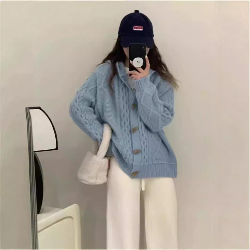 Vintage horn buckle hooded sweater jacket cardigan women's thickened autumn and winter loose lazy wind knitted sweater top