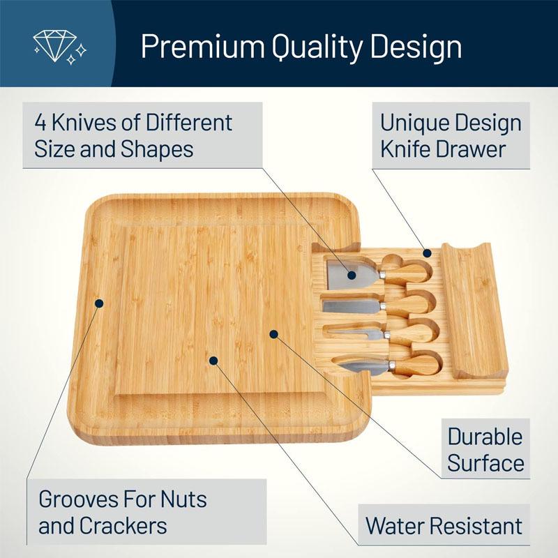 Bamboo Anti-Slip Fruit & Cheese Cutting Board Set with Drawer & Knife