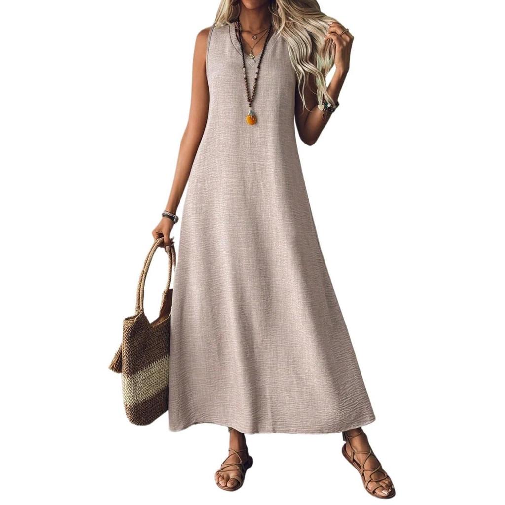 2025 Summer Sleeveless V-Neck Back Zip Elegant Long Dress for Women